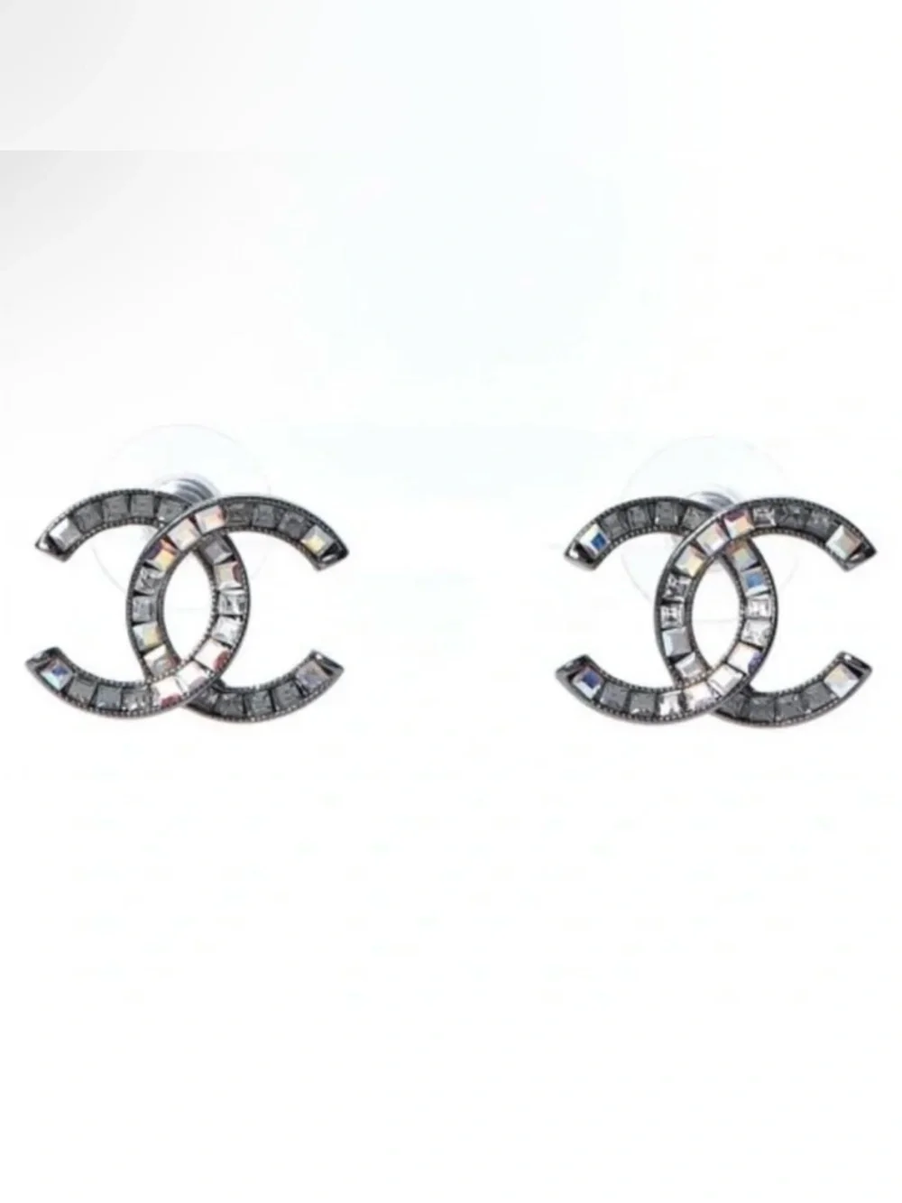 CHANEL Ruthenium Crystal Baguette CC Stud Earrings